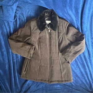 Jones New York Womens Brown Long Sleeve Faux Fur Collar Full Zip Jacket Size XL